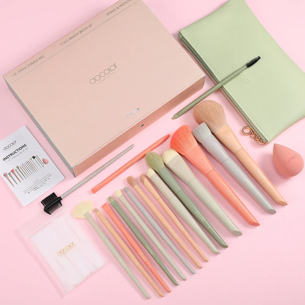 Docolor 17Pcs Makeup Brushes Set Eye Shadow Blush Powder Blending Foundation Cosmetic Brush With Makeup Sponges And Bag