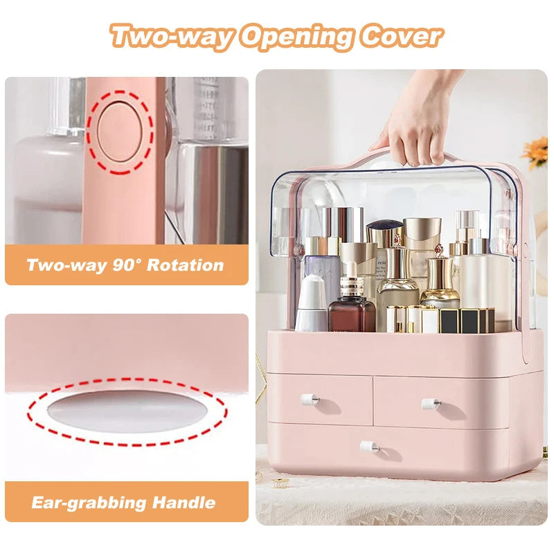 Large Capacity White/Pink Cosmetic Organizer with Transparent Drawers, Elegant Plastic Jewelry Storage Box for Desktop Vanity