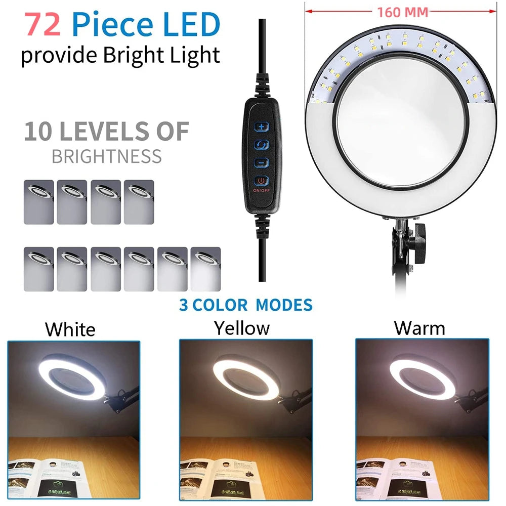 NEW 72LED 8X/10X Illuminated Magnifier USB 3 Colors LED Magnifying Glass for Soldering Iron Repair/Table Lamp/Skincare Beauty