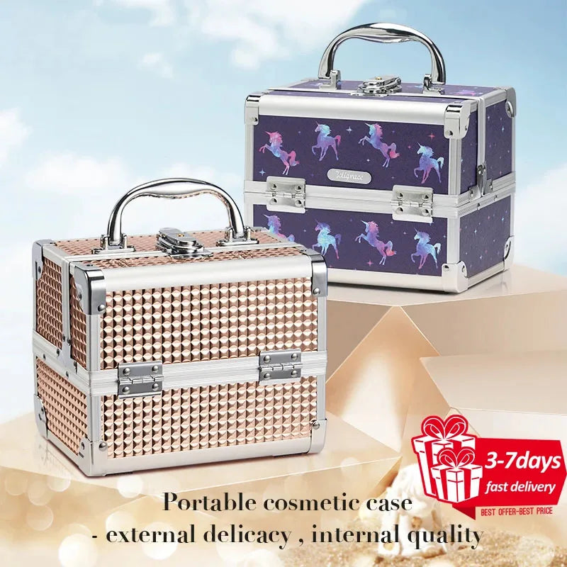 Makeup Case Portable Lock Alloy Unicorn Cosmetic Jewelry Nail Hair Accessories Storage Box with Mirror 2 Trays Make-up Suitcase