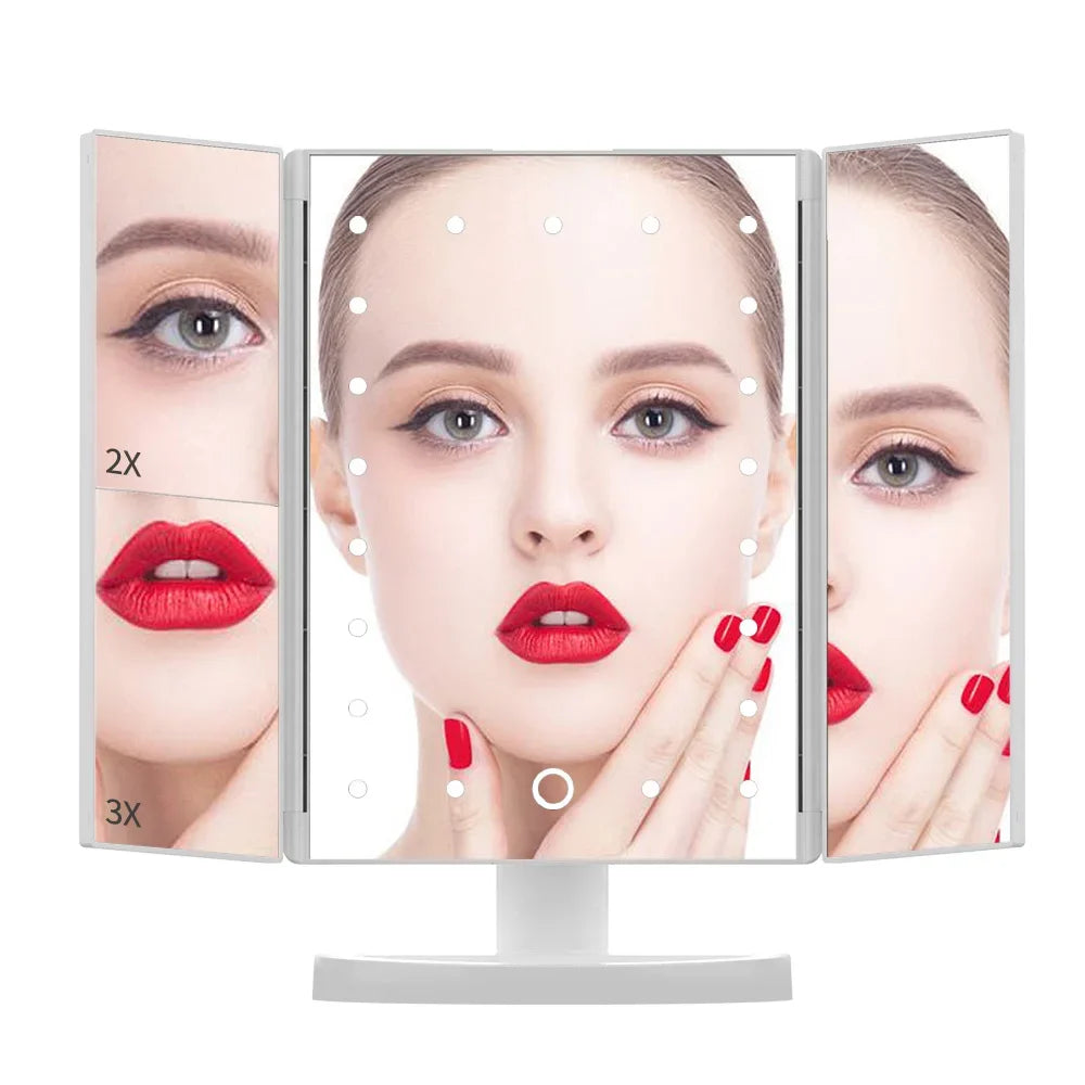 Portable 3 Folding Makeup Mirror Led Light Touch Screen Vanity Mirror with 21 LED Lights 1X/2X/3X Magnifying Cosmetic Mirror