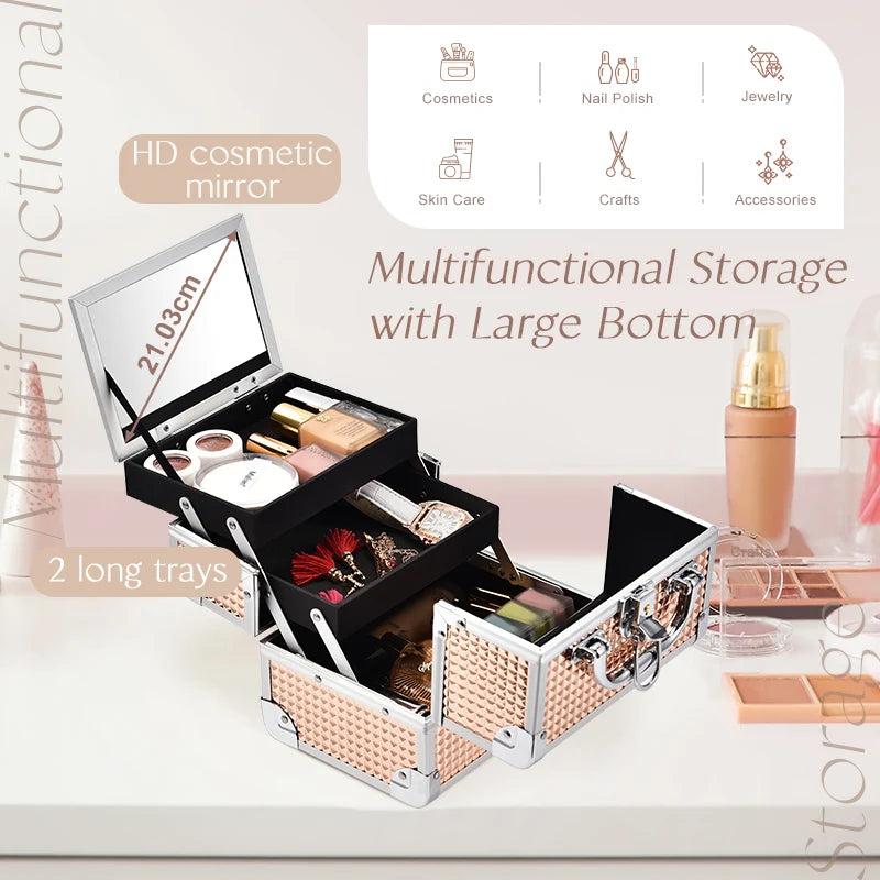 Makeup Case Portable Lock Alloy Unicorn Cosmetic Jewelry Nail Hair Accessories Storage Box with Mirror 2 Trays Make-up Suitcase