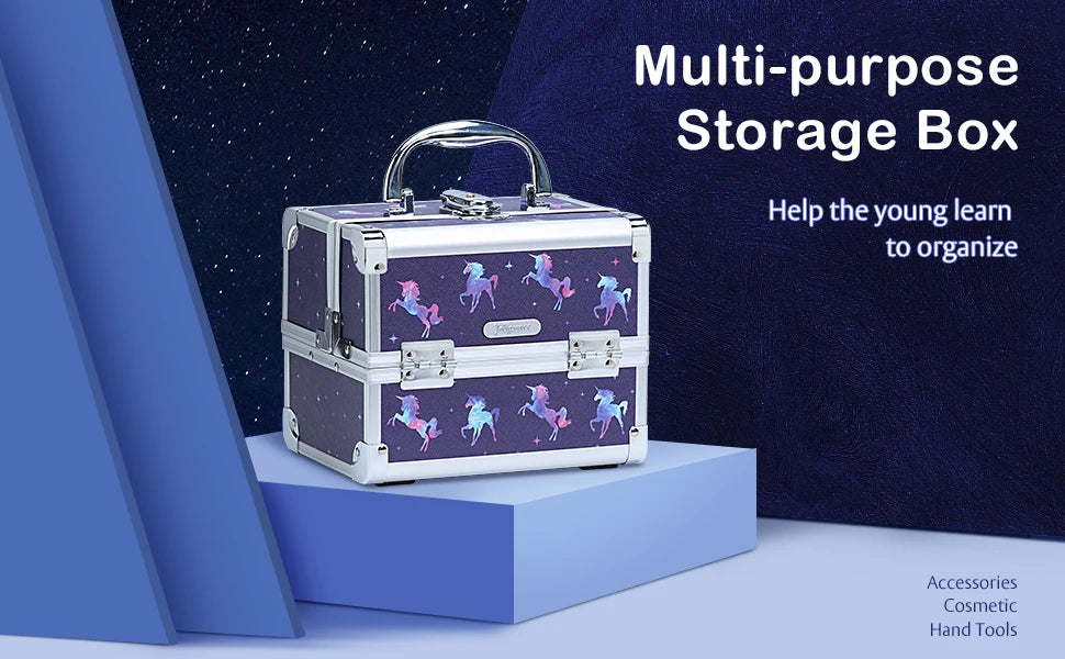 Makeup Case Portable Lock Alloy Unicorn Cosmetic Jewelry Nail Hair Accessories Storage Box with Mirror 2 Trays Make-up Suitcase