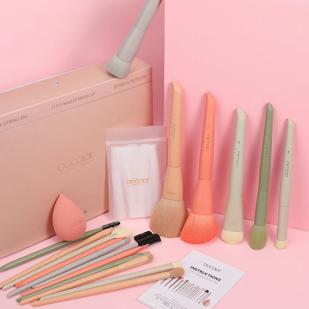 Docolor 17Pcs Makeup Brushes Set Eye Shadow Blush Powder Blending Foundation Cosmetic Brush  With Makeup Sponges And Bag