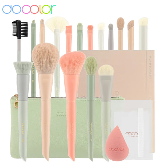 Docolor 17Pcs Makeup Brushes Set Eye Shadow Blush Powder Blending Foundation Cosmetic Brush  With Makeup Sponges And Bag