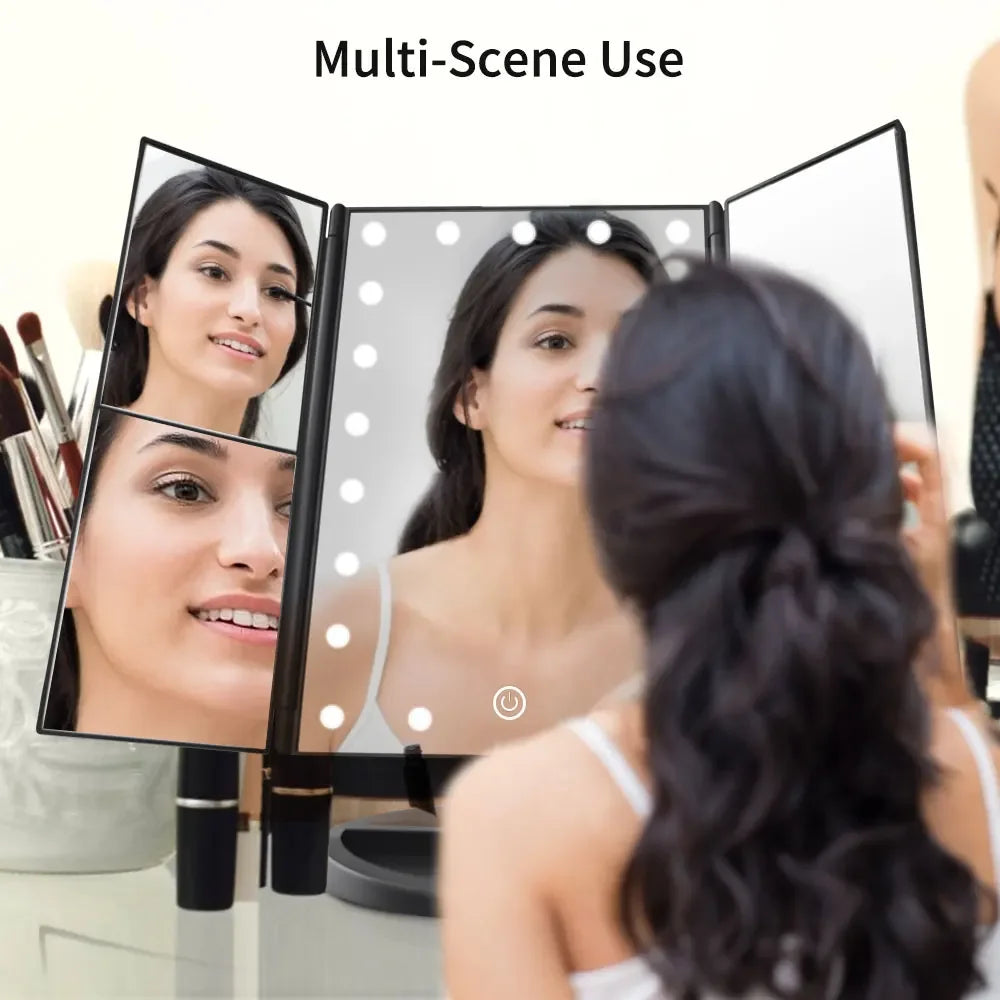 Portable 3 Folding Makeup Mirror Led Light Touch Screen Vanity Mirror with 21 LED Lights 1X/2X/3X Magnifying Cosmetic Mirror