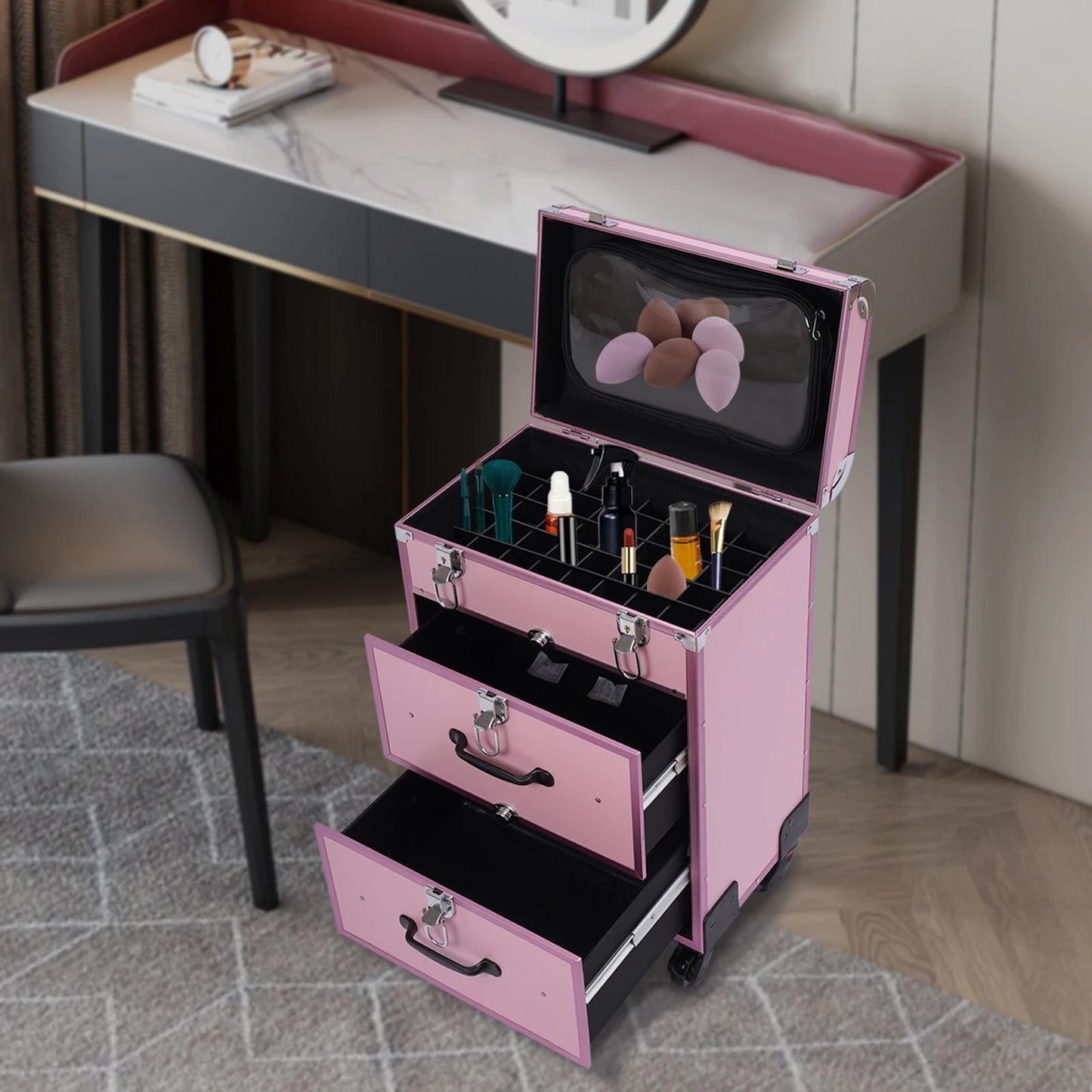 3-Tier Professional Rolling Makeup Case Large Cosmetic Trolley W/Locks For Nail Art Hair Styling Travel Storage