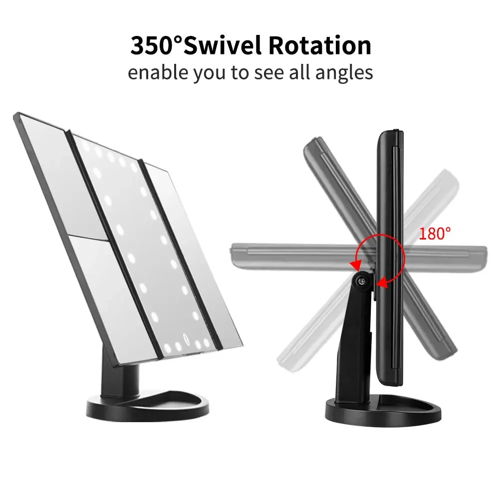 Portable 3 Folding Makeup Mirror Led Light Touch Screen Vanity Mirror with 21 LED Lights 1X/2X/3X Magnifying Cosmetic Mirror