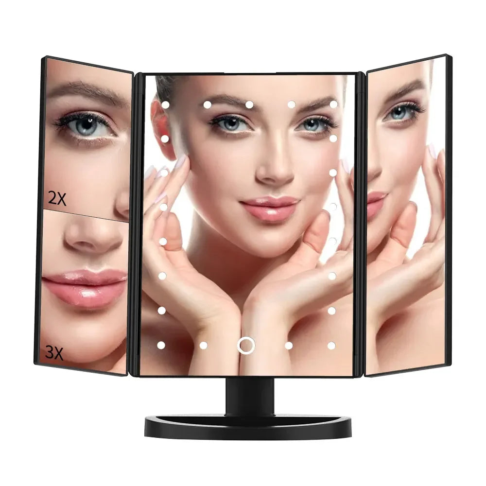 Portable 3 Folding Makeup Mirror Led Light Touch Screen Vanity Mirror with 21 LED Lights 1X/2X/3X Magnifying Cosmetic Mirror