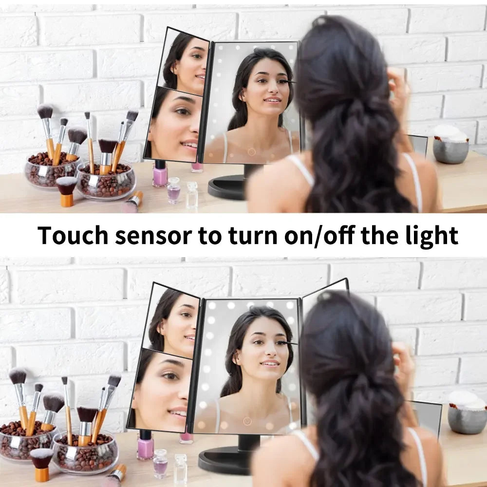 Portable 3 Folding Makeup Mirror Led Light Touch Screen Vanity Mirror with 21 LED Lights 1X/2X/3X Magnifying Cosmetic Mirror