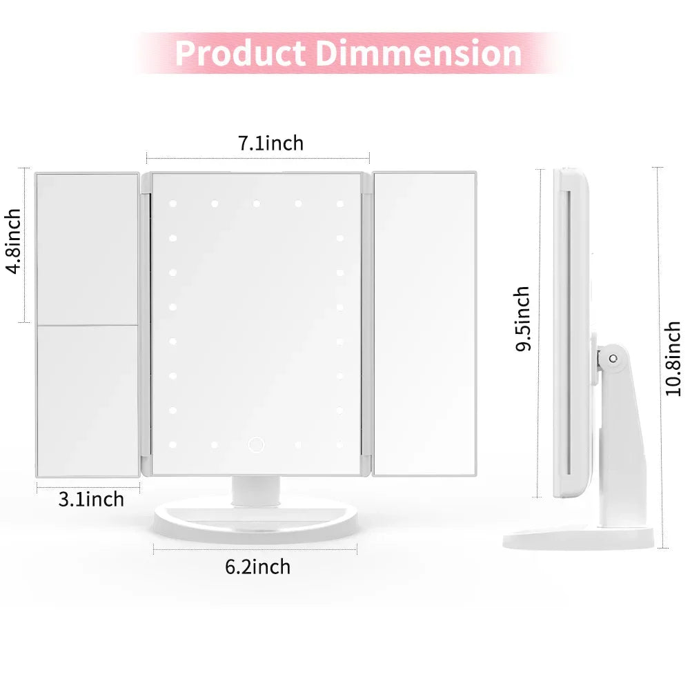 Portable 3 Folding Makeup Mirror Led Light Touch Screen Vanity Mirror with 21 LED Lights 1X/2X/3X Magnifying Cosmetic Mirror