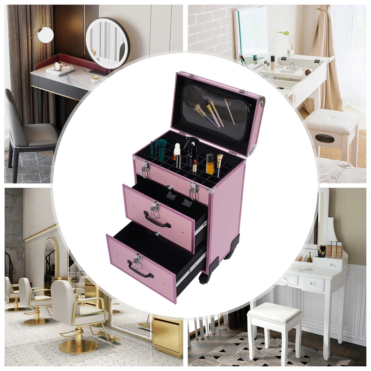 3-Tier Professional Rolling Makeup Case Large Cosmetic Trolley W/Locks For Nail Art Hair Styling Travel Storage