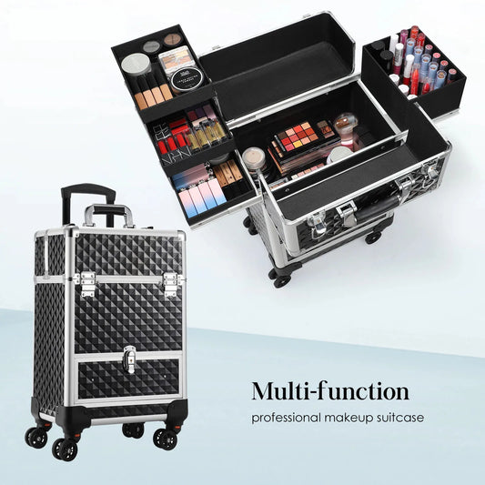 Professional Makeup Suitcase with Wheels Large Storage Cosmetic Trolley with Slide Drawer Lock Rolling Make-up Case Nail Tech