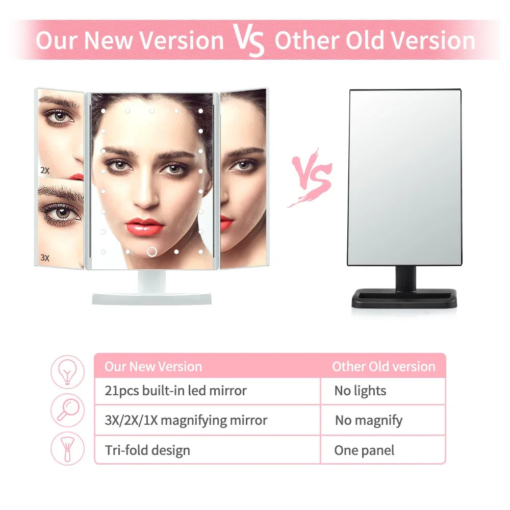 Portable 3 Folding Makeup Mirror Led Light Touch Screen Vanity Mirror with 21 LED Lights 1X/2X/3X Magnifying Cosmetic Mirror