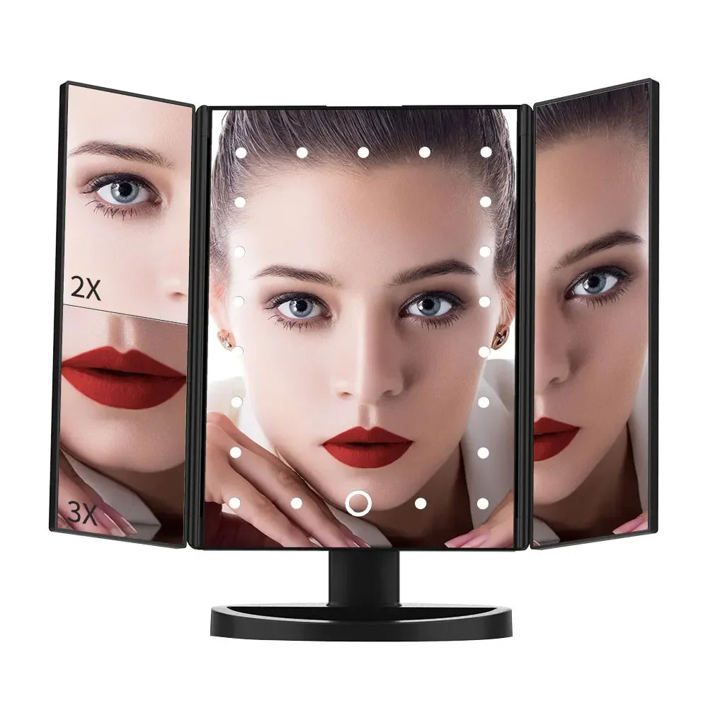 Portable 3 Folding Makeup Mirror Led Light Touch Screen Vanity Mirror with 21 LED Lights 1X/2X/3X Magnifying Cosmetic Mirror