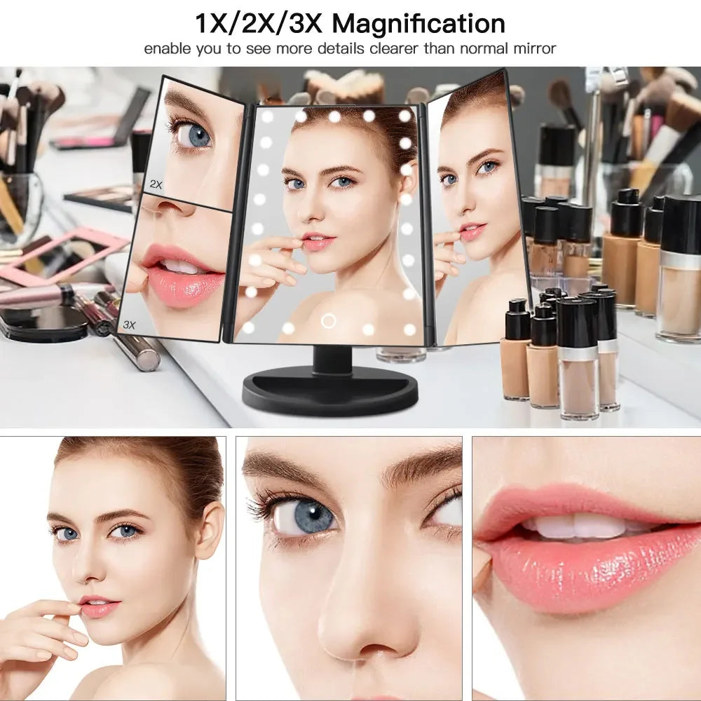 Portable 3 Folding Makeup Mirror Led Light Touch Screen Vanity Mirror with 21 LED Lights 1X/2X/3X Magnifying Cosmetic Mirror