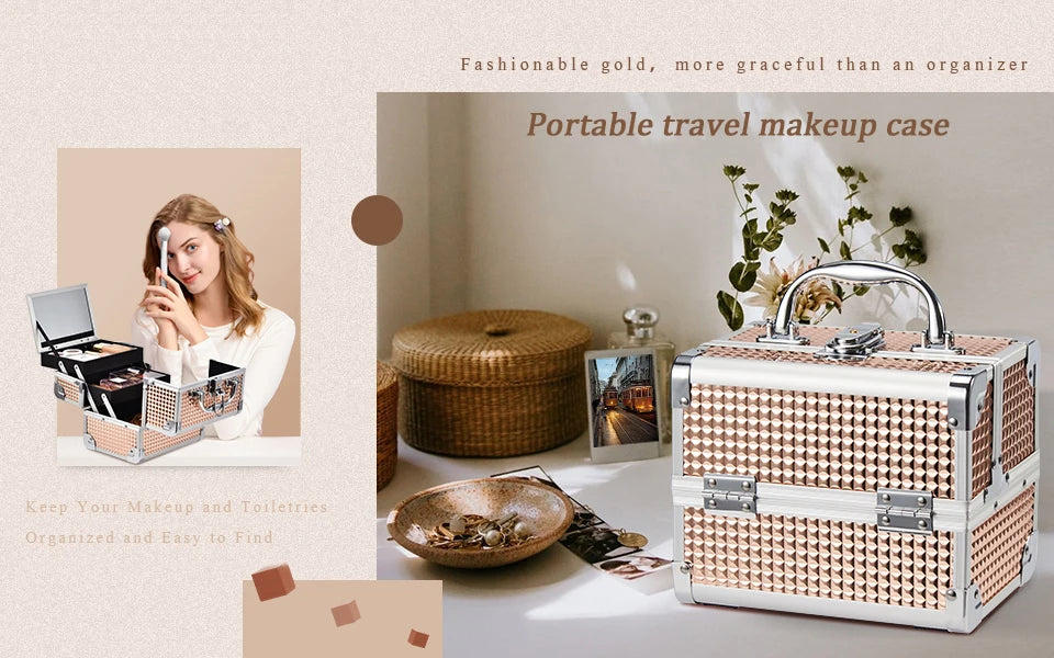 Makeup Case Portable Lock Alloy Unicorn Cosmetic Jewelry Nail Hair Accessories Storage Box with Mirror 2 Trays Make-up Suitcase