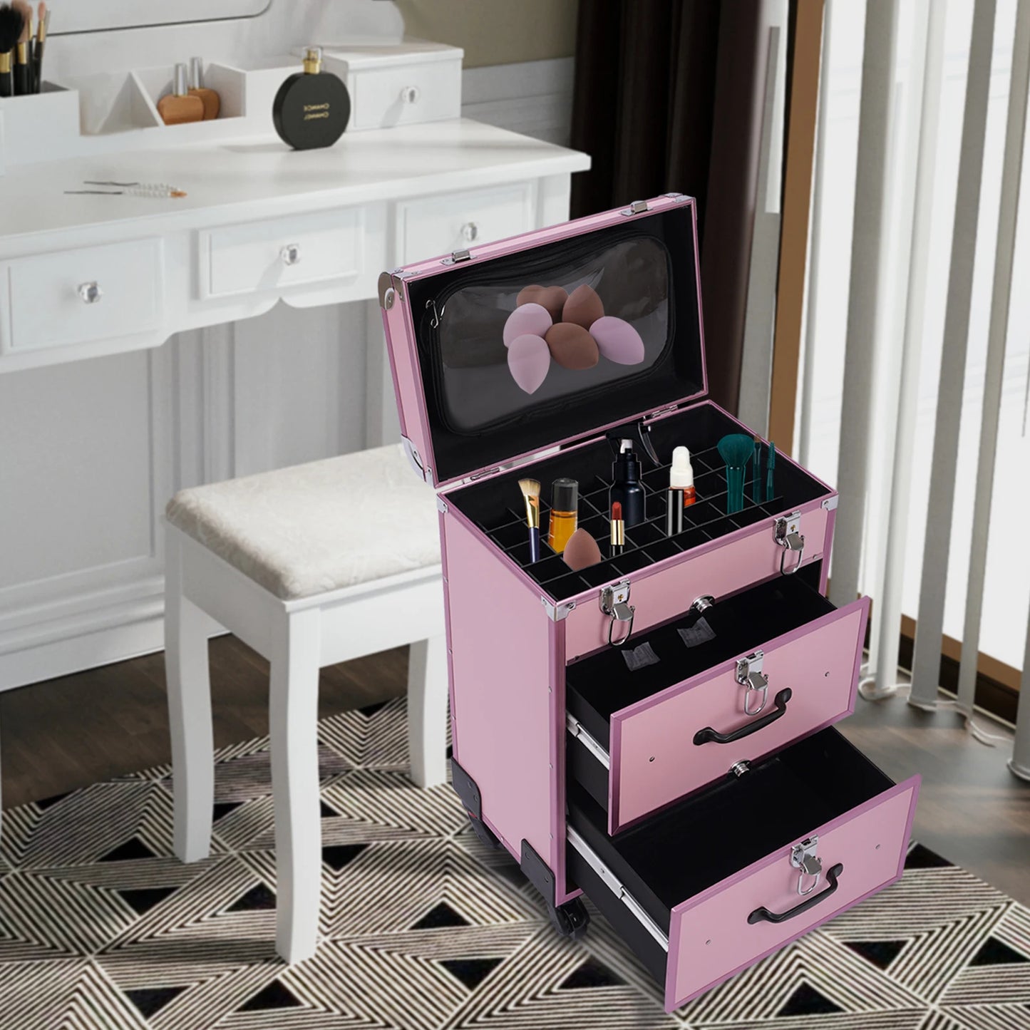 3-Tier Professional Rolling Makeup Case Large Cosmetic Trolley W/Locks For Nail Art Hair Styling Travel Storage