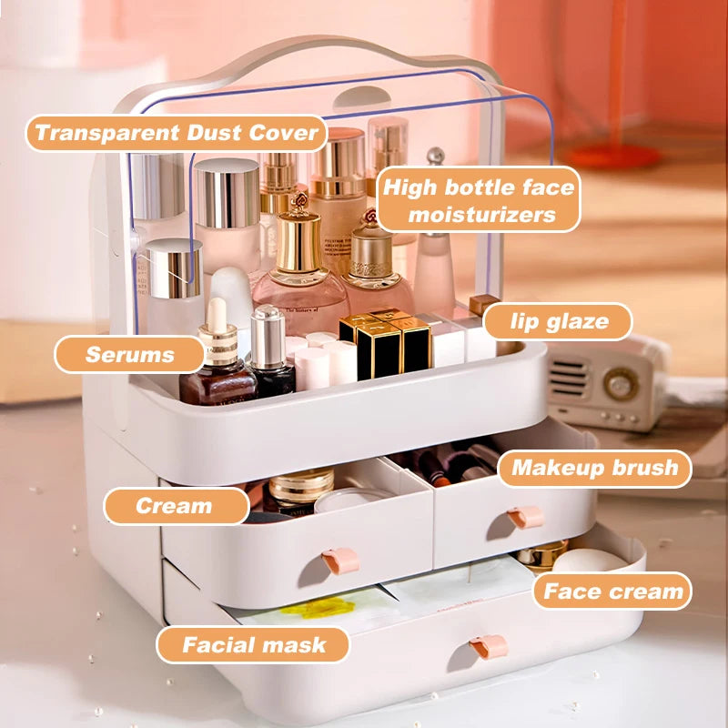Large Capacity White/Pink Cosmetic Organizer with Transparent Drawers, Elegant Plastic Jewelry Storage Box for Desktop Vanity