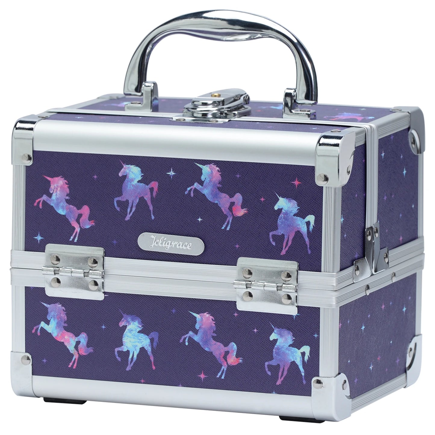 Makeup Case Portable Lock Alloy Unicorn Cosmetic Jewelry Nail Hair Accessories Storage Box with Mirror 2 Trays Make-up Suitcase