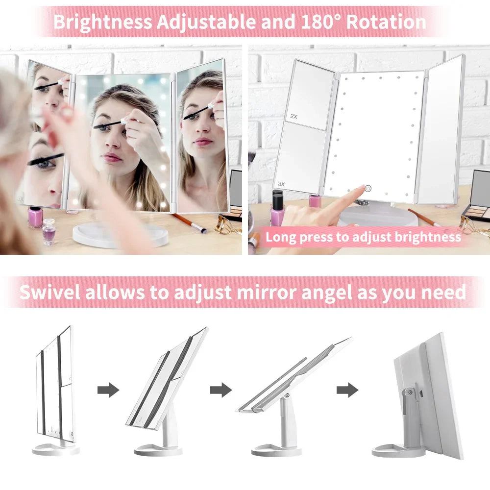 Portable 3 Folding Makeup Mirror Led Light Touch Screen Vanity Mirror with 21 LED Lights 1X/2X/3X Magnifying Cosmetic Mirror