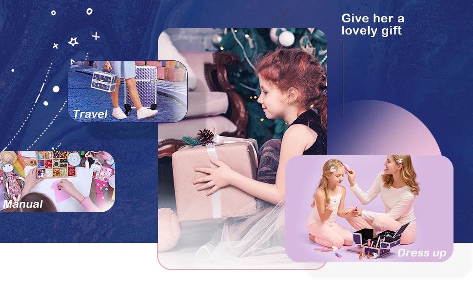 Makeup Case Portable Lock Alloy Unicorn Cosmetic Jewelry Nail Hair Accessories Storage Box with Mirror 2 Trays Make-up Suitcase