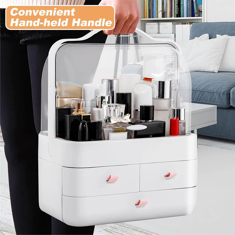 Large Capacity White/Pink Cosmetic Organizer with Transparent Drawers, Elegant Plastic Jewelry Storage Box for Desktop Vanity