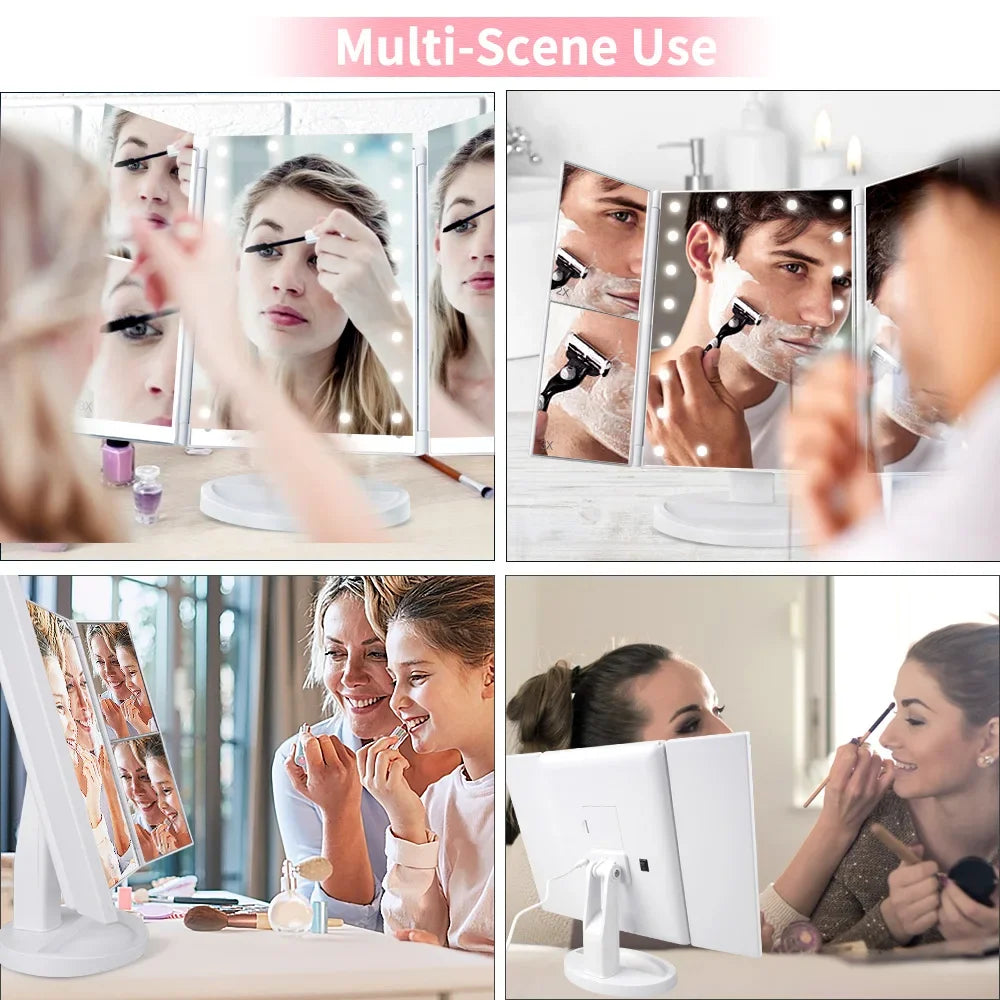 Portable 3 Folding Makeup Mirror Led Light Touch Screen Vanity Mirror with 21 LED Lights 1X/2X/3X Magnifying Cosmetic Mirror