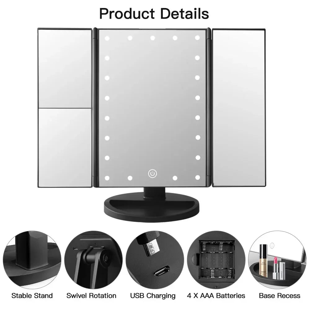 Portable 3 Folding Makeup Mirror Led Light Touch Screen Vanity Mirror with 21 LED Lights 1X/2X/3X Magnifying Cosmetic Mirror