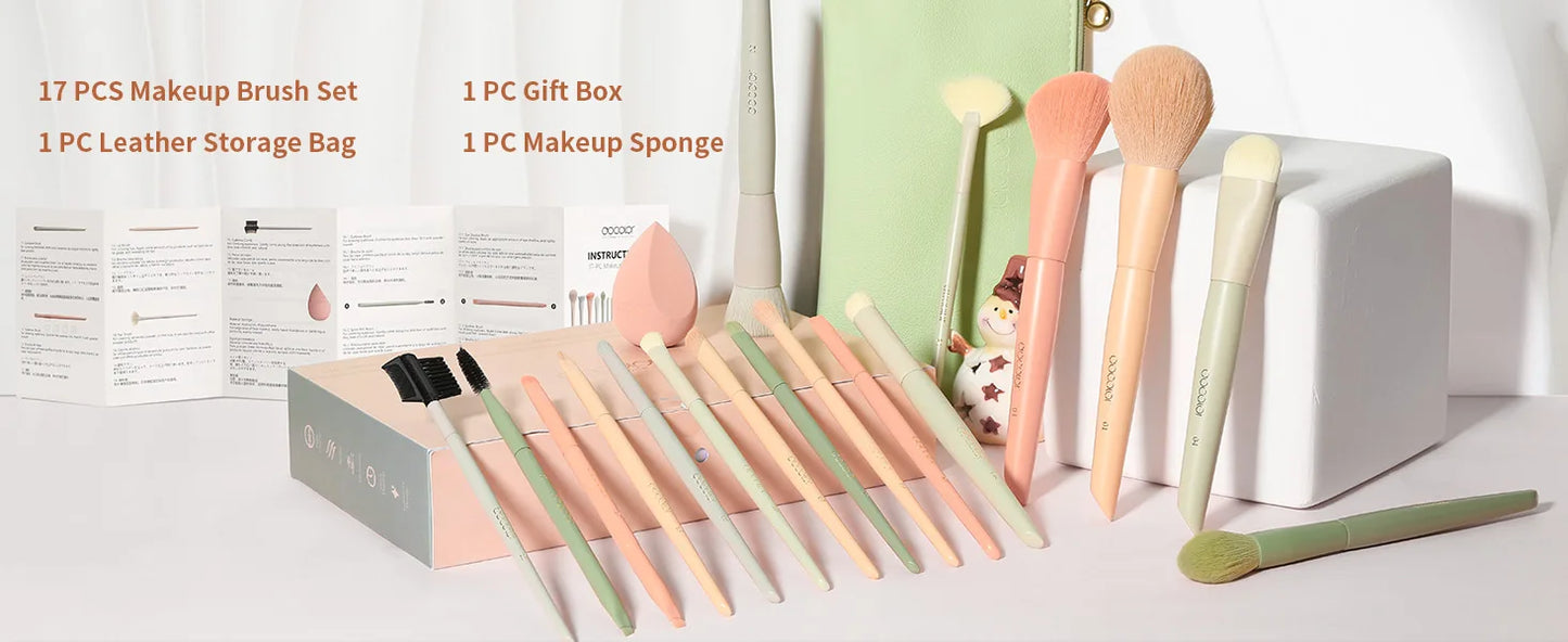 Docolor 17Pcs Makeup Brushes Set Eye Shadow Blush Powder Blending Foundation Cosmetic Brush  With Makeup Sponges And Bag
